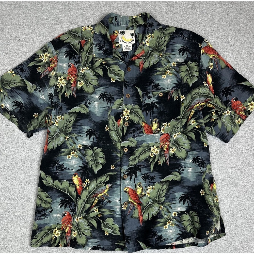 Banana Cabana Shirt Mens XL Black Tropical Parrot Silk Hawaiian Button Front
